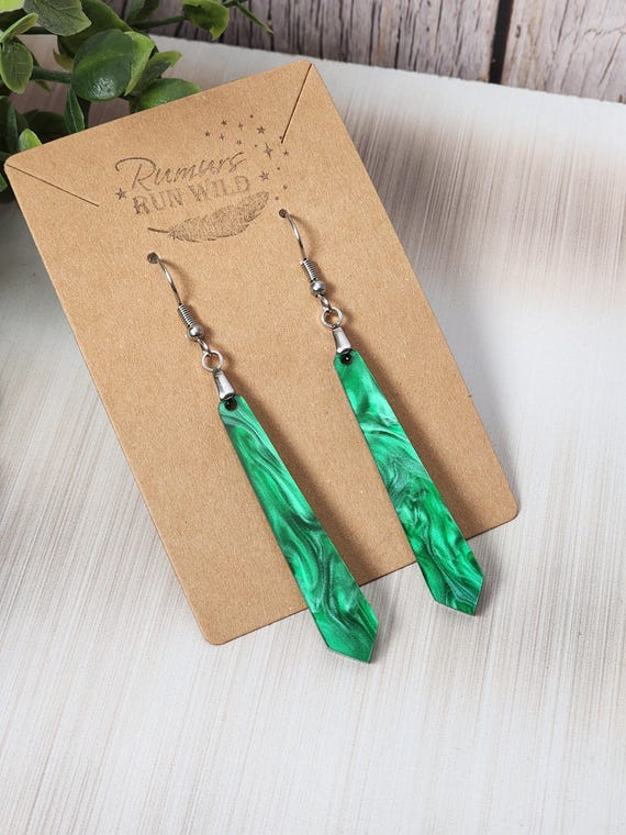 Green Acrylic Dangle Earrings: Lightweight Green Colored Long Dangles with Hypoallergenic Stainless Steel Hooks