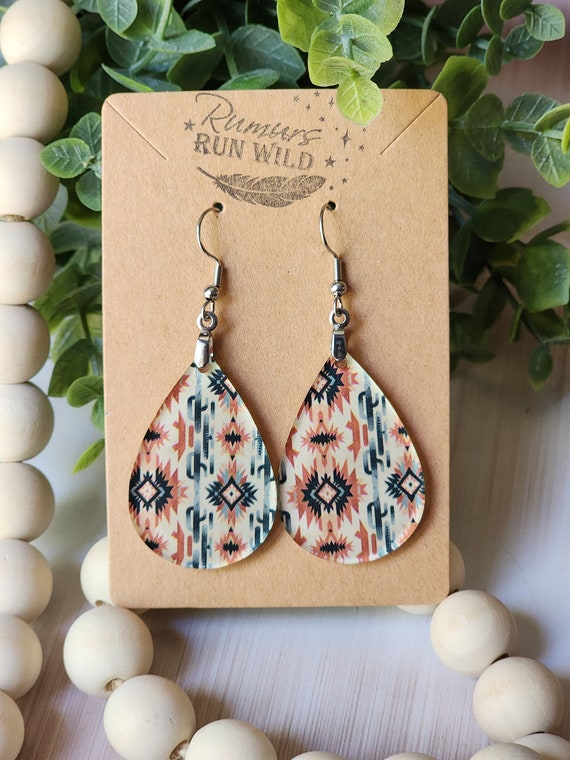 Boho Earring Dangles for Her, Western Earrings Nickel Free, Cute Handmade Teardrops in a Western Pattern, Cactus Earrings for Best Friend
