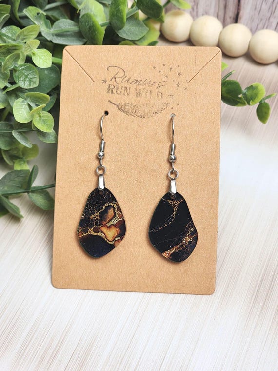 Mini Black Gold Earrings, Faux Stone Acrylic Dangle Earrings, Lightweight Boho Jewelry, Nickel Free Gift for Her