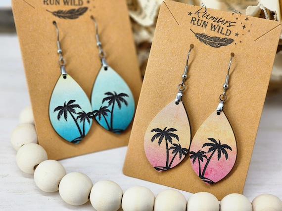 Beach Earrings, Engraved Boho Dangle Earrings, Lightweight Earrings, Nature Inspired, Sunrise, Sunset earrings, Gift for Her, Palm Trees