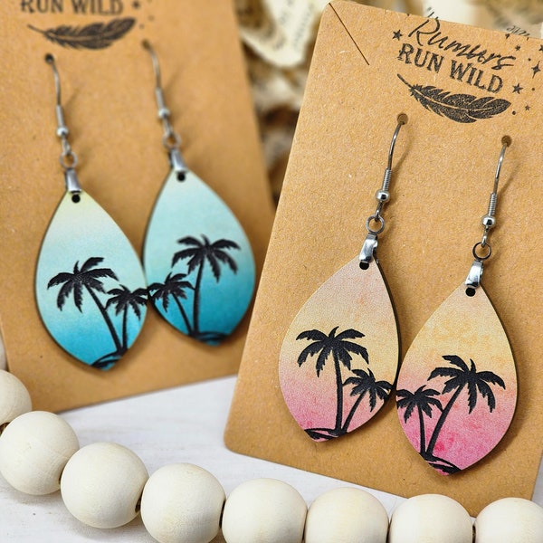 Beach Earrings, Engraved Boho Dangle Earrings, Lightweight Earrings, Nature Inspired, Sunrise, Sunset earrings, Gift for Her, Palm Trees