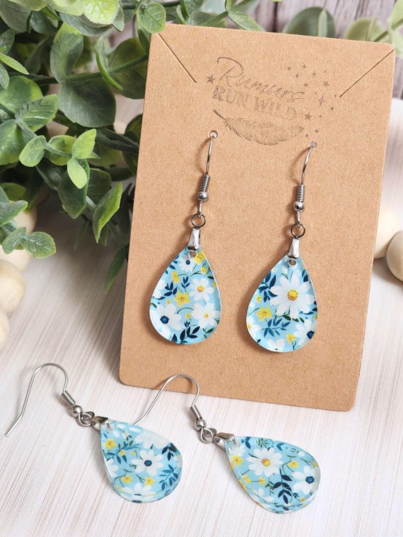 Blue Daisy Earrings, Floral Teardrop Earrings, Spring Earrings, Small Dangle Earrings, Lightweight Acrylic Jewelry, Gift for Her