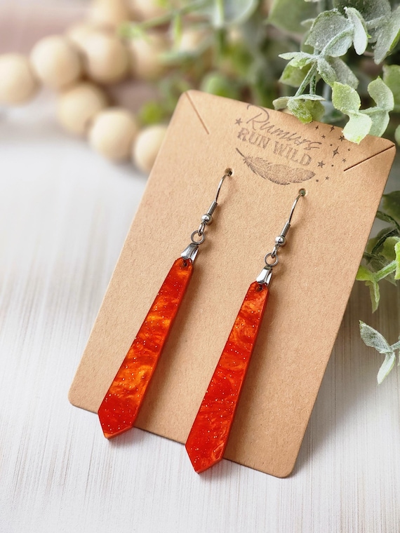 Orange Dangle Earrings for Women, Thin Orange and Red Swirled Earrings for Mom, Bold and Bright Earrings, Nickel Free and Lightweight