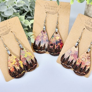 Colorful Wood Dangle Earrings with Trees, Lightweight Mountain Earring Rustic, Nickle Free, Nature Lover Gift for Mom, Handmade Gift for Her