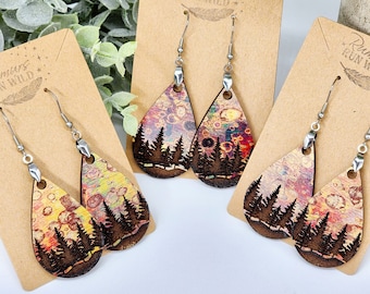 Colorful Wood Dangle Earrings with Trees, Lightweight Mountain Earring Rustic, Nickle Free, Nature Lover Gift for Mom, Handmade Gift for Her