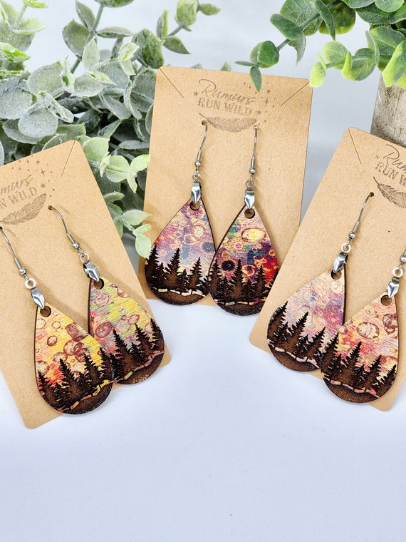 Colorful Wood Dangle Earrings with Trees, Lightweight Mountain Earring Rustic, Nickle Free, Nature Lover Gift for Mom, Handmade Gift for Her