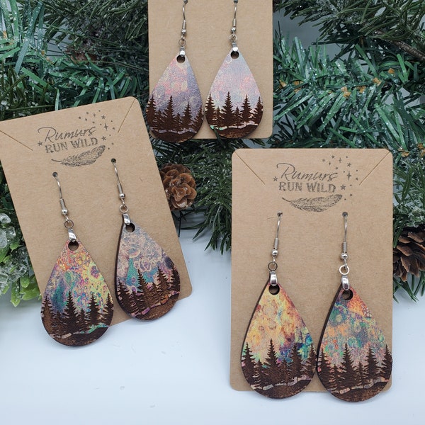 Gorgeous Tree Line Engraved Wood Earrings - Lightweight - Nature Themed - Rustic - Colorful- Dangle - Fun Earrings
