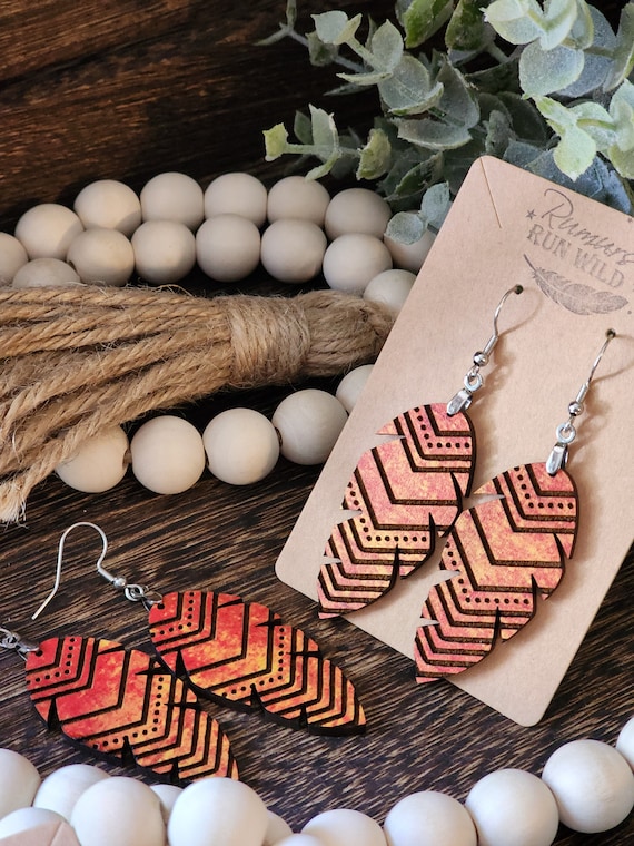 Boho Feather Earrings with a Western Style, Tribal Engraved Wood Earrings, Lightweight Large, Rustic Dangle Earrings for Her