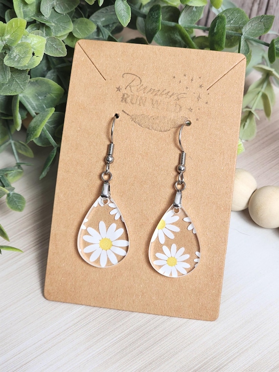 Daisy Mini Earrings Small Floral, Clear Teardrop Earrings White Daisy Jewelry, Lightweight Everyday Earrings Gift for Her