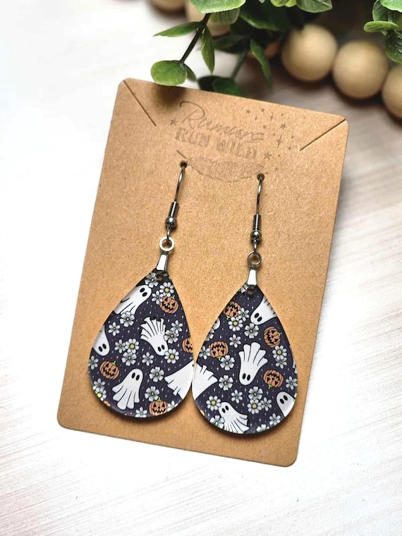 Ghost Earrings for Her, Cute Halloween Earrings with Flowers for Women, Ghost Jewelry, Fun Fall Earrings, Nickel Free and Hypoallergenic