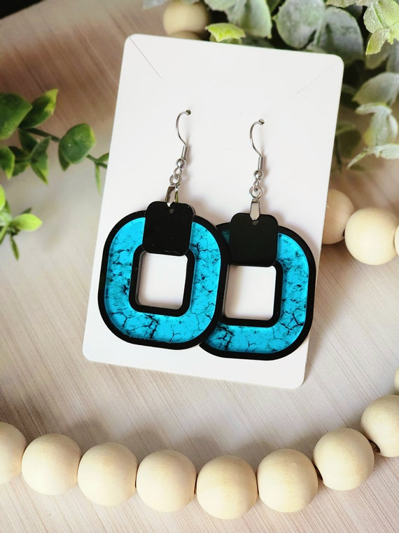 Turquoise Earrings for Her, Western Dangle Earrings, Unique Handmade Gift for Mom, Bold Statement Earrings in Black and Blue, Nickel Free