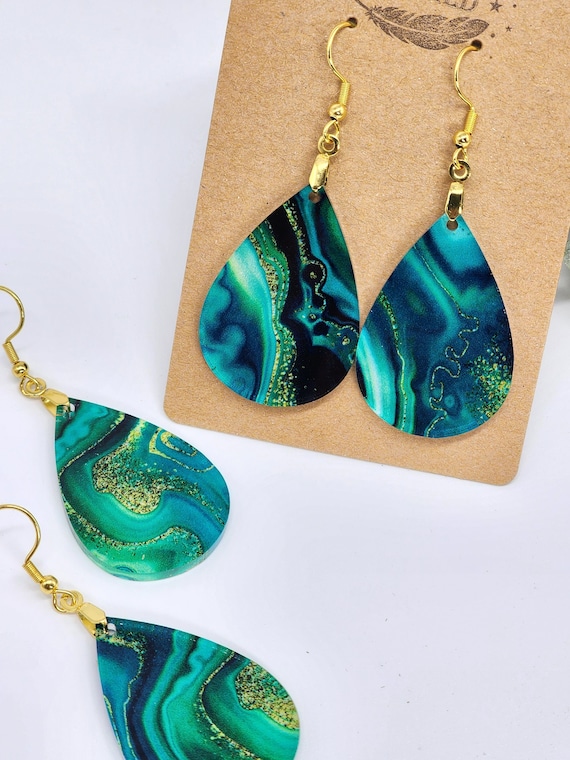 Green and Gold Teardrop Dangle Earrings for Her, Lightweight Earring Nickel Free, Gift for Mom, Green Agate Inspired Jewelry Lover Gift Wife