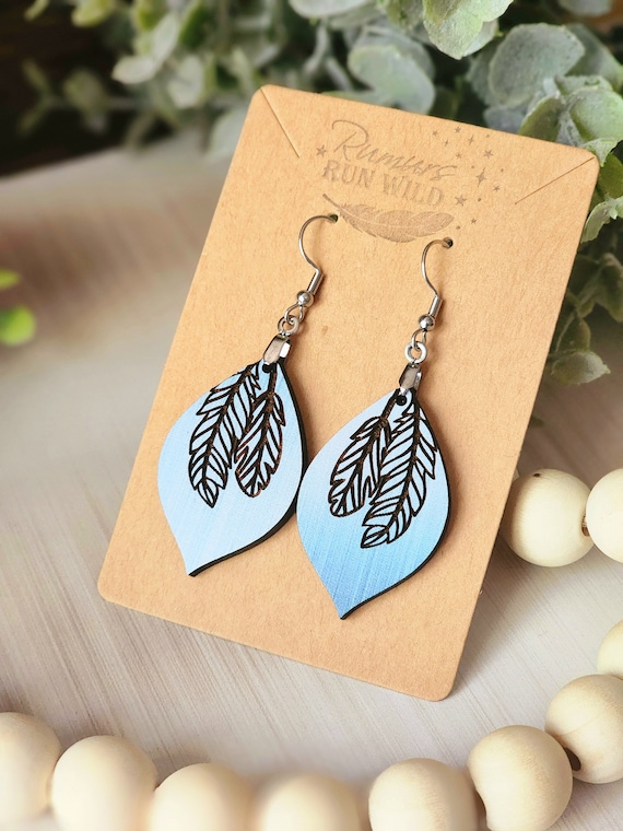 Feather Boho Earrings in Blue, Dangle Wood Earrings, Feather Earrings, Bohemian Earrings for Her, Handmade Jewelry for Mom, Gift for Women