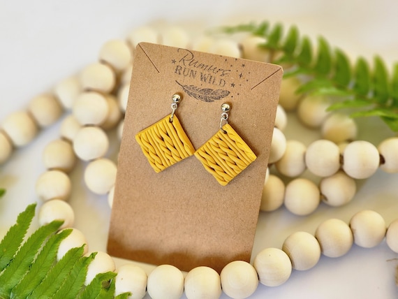 Woven Clay Square Earrings in Mustard Yellow, Lightweight boho style earrings, diamond in shape, small dangle earrings, gift for her