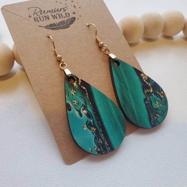 Jade Swirl - Green, Gold, & Black Lightweight Wood Earrings - Beautiful Earrings- Teardrop - Lightweight - Art - Unique - Fun Earrings