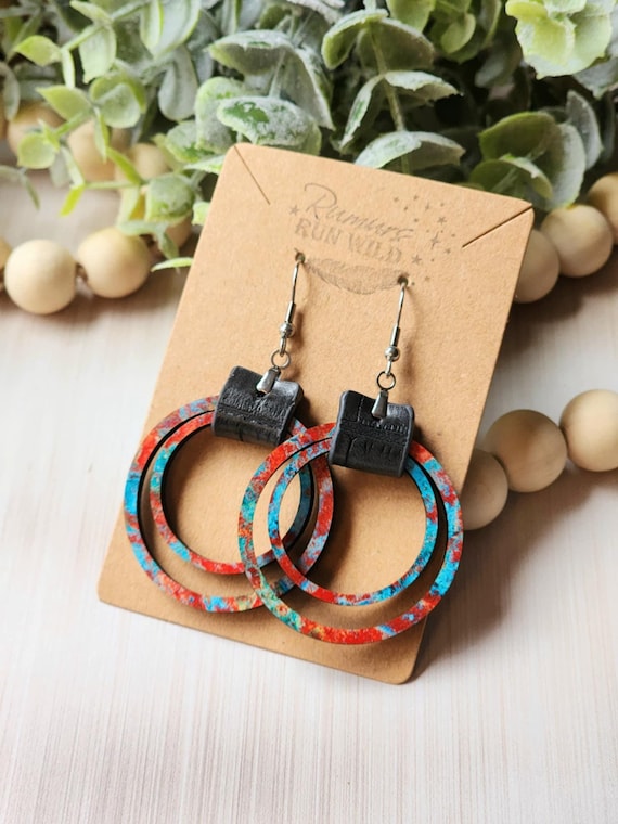 Wood and Faux Leather Hoop Earring Set for Her, Boho Wood Statement Jewelry for Women, Rustic Earring in Red and Turquoise, Colorful Dangles