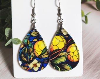 Lemon Stained Glass Earrings, Lemon Tree Earrings, Yellow Floral Teardrop Earrings, Semi Translucent Acrylic Dangle Earrings