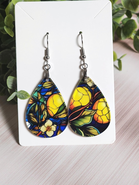 Lemon Stained Glass Earrings, Lemon Tree Earrings, Yellow Floral Teardrop Earrings, Semi Translucent Acrylic Dangle Earrings