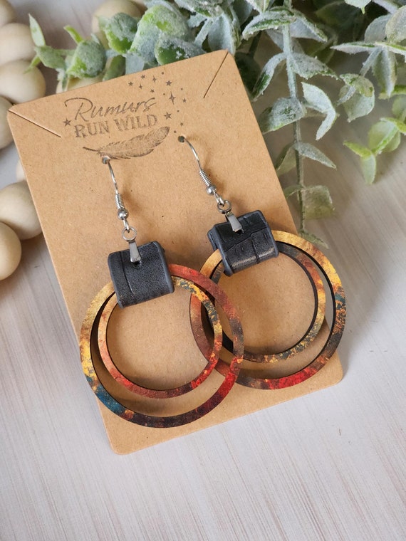 Boho Wood Hoop Earrings for Her, Trendy Wood and Faux Leather Statement Earrings, Rustic Handmade Hippie Earrings, Colorful Gypsy Earrings