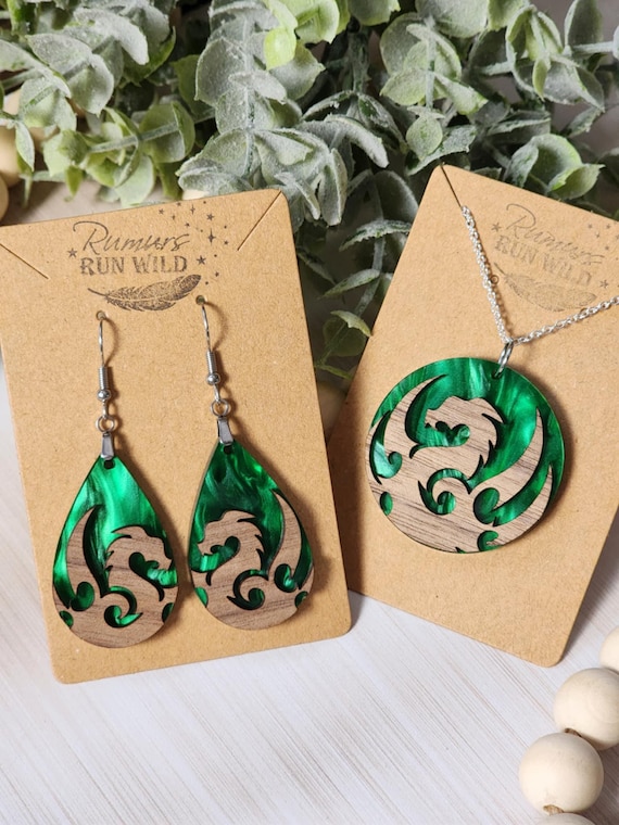 Dragon Earrings and Necklace Set in Green, Fantasy Earrings for Dragon Lovers, Castlecore Jewelry for Women