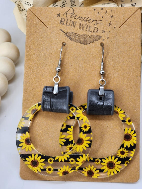 Sunflower Earrings, Summer Fun Earrings, Bright Circle Earrings with Faux Leather, Gift for Her, Nature Themed Earrings, Boho Flower Jewelry