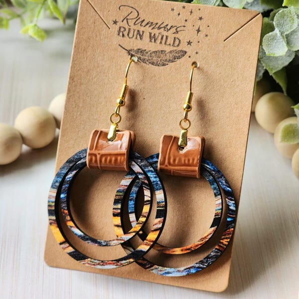 Boho Wood Statement Earrings and Necklace Set: Colorful Vegan Leather Jewelry