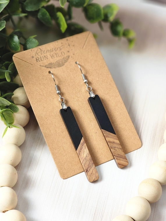 Black Resin Wood Bar Earrings: Lightweight Boho Long Dangle Jewelry for Her, Ebony Boho Jewelry