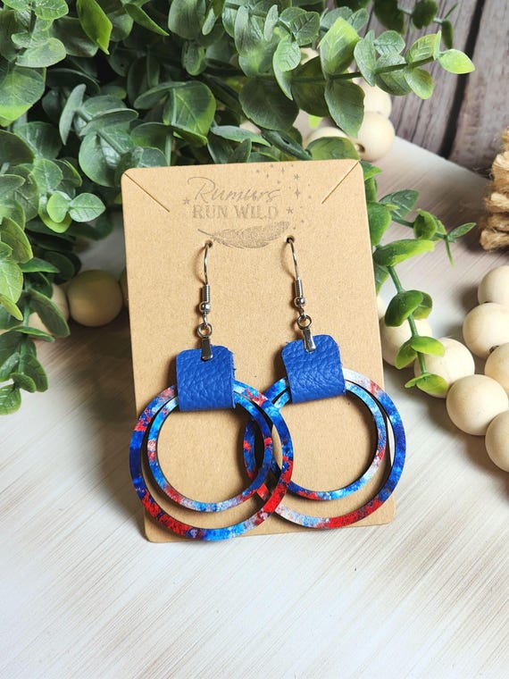 Boho Earrings in Red White and Blue, Patriotic Statement Earrings for Her, Wooden Hoop Earring Gift for Mom, Colorful Earrings for Friend