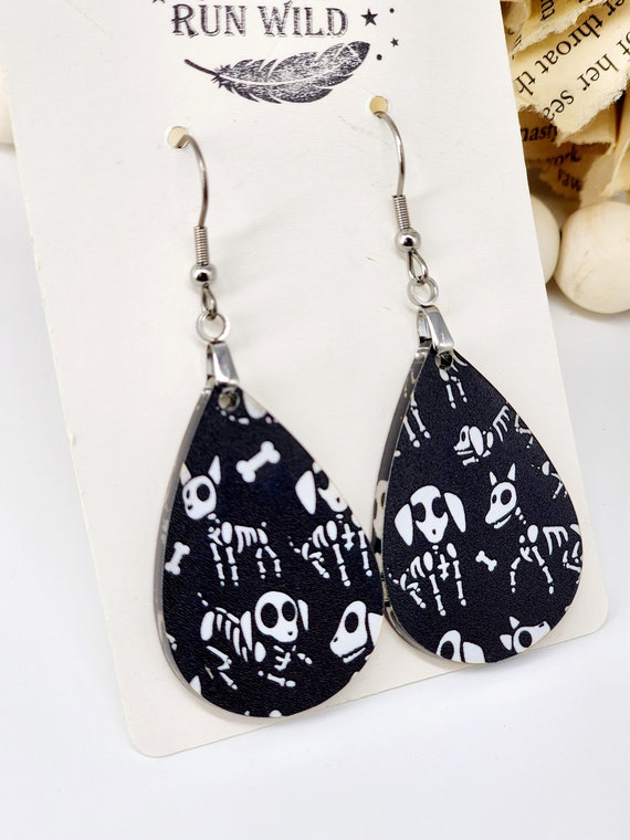 Spooky Halloween Earrings, Dog Skeleton Earrings, Holiday Jewelry, Dog Earrings, Black and White, Teardrop Earrings, Fun Halloween Earrings