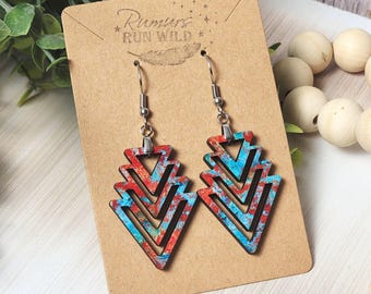 Rustic Wood Arrow Dangle Earrings: Red Turquoise Boho Style