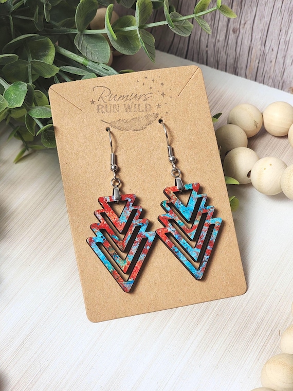 Rustic Wood Arrow Dangle Earrings: Red Turquoise Boho Style