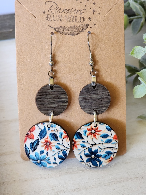 Flower Dangle Earrings in Blue, Handmade Wood Boho Earring, Colorful Floral Earring for Mom, Nickel Free, Best Gift for Friend, for Sister