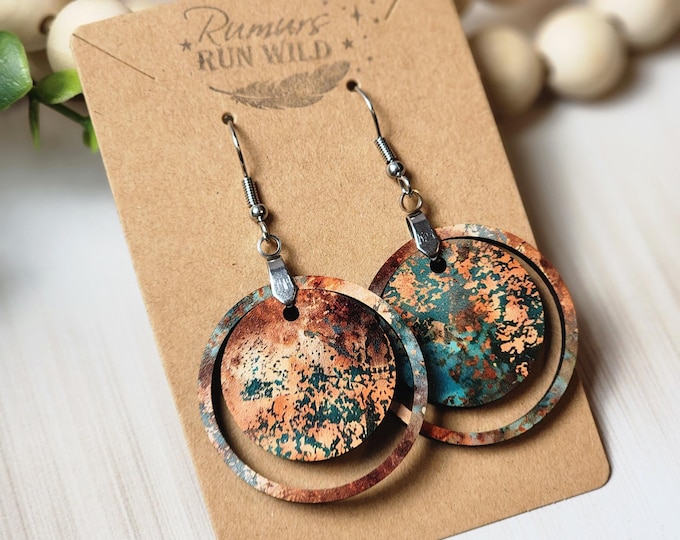 Boho Wood Dangle Earrings: Rustic Patina Circle, Nickel-Free