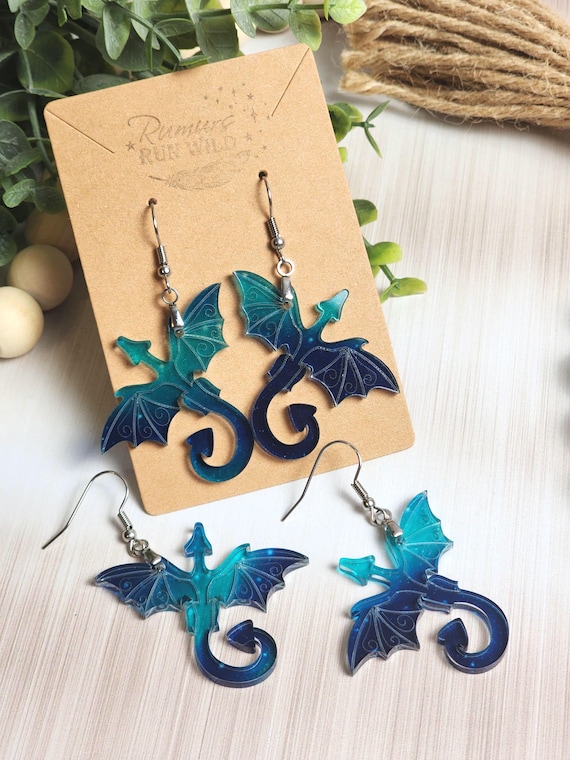 Dragon Earrings, Blue Acrylic Dragon Dangle Earrings for Fantasy Lovers, Gothic Jewelry, Dragon Gift, Bookish Girl Earrings