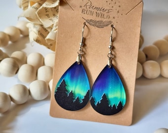 Beautiful Northern Lights Earrings, Aurora Borealis  Earrings, Colorful Teardrop Earrings, Night Sky, Tree Earrings, Nature Inspired, fun