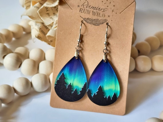 Beautiful Northern Lights Earrings, Aurora Borealis Earrings, Colorful Teardrop Earrings, Night Sky, Tree Earrings, Nature Inspired, fun