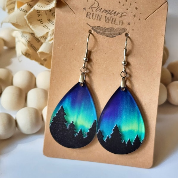 Beautiful Northern Lights Earrings, Aurora Borealis  Earrings, Colorful Teardrop Earrings, Night Sky, Tree Earrings, Nature Inspired, fun