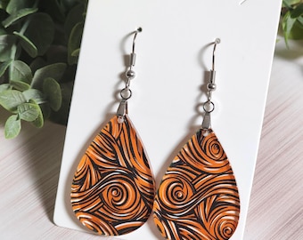 Orange and Black Earrings, Abstract Halloween Earrings, Swirl Acrylic Dangles