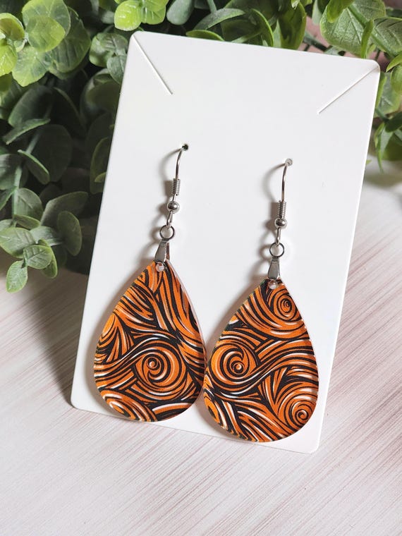Orange and Black Earrings, Abstract Halloween Earrings, Swirl Acrylic Dangles