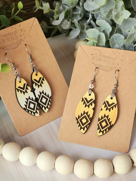 Boho Earrings with a Tribal Design, Western Dangle Wood Earrings, Tribal Earrings, Bright Yellow Earrings for Her, Handmade Jewelry for Mom