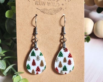 Christmas Tree Mini Earrings, Plaid Holiday Acrylic Dangles, Red Green Christmas Earrings, Lightweight Festive Jewelry Gift