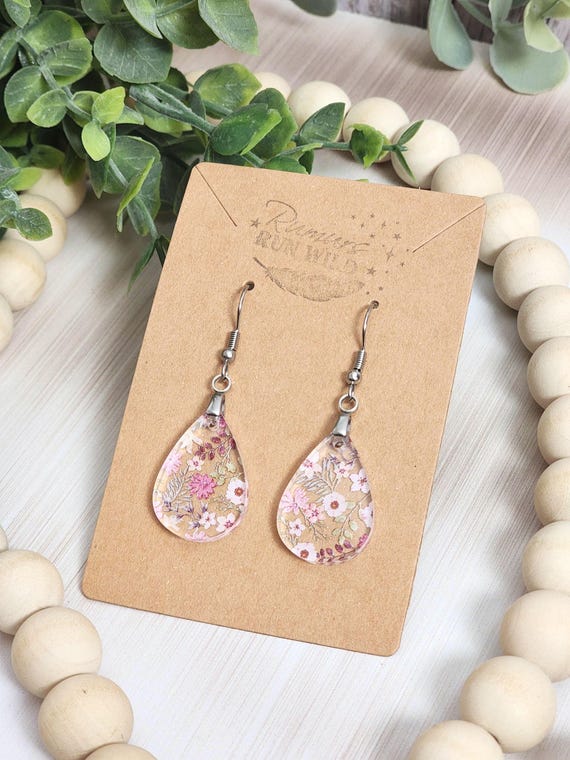 Pink Floral Earrings Teardrop Cottagecore, Small Dangle Earrings, Lightweight Acrylic Jewelry, Gift for Her