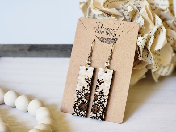Sunflower Engraved Wooden Bar Earrings, Earrings for Her, Nature Themed Earrings, Lightweight Dangle Earrings, Flower Earrings, Long Dangle