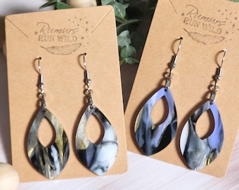 Purple Black Gold Marbled Acrylic Earrings, Moody Teardrop Dangles, Lightweight Statement Earrings