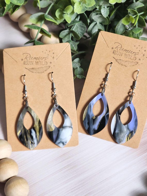 Purple Black Gold Marbled Acrylic Earrings, Moody Teardrop Dangles, Lightweight Statement Earrings