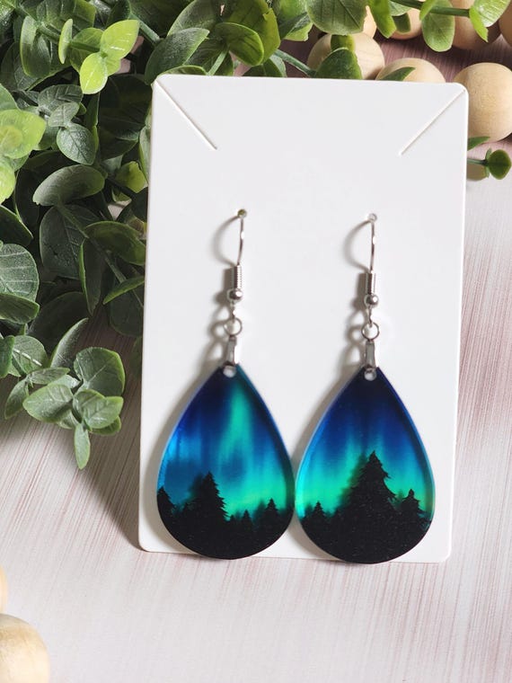 Northern Lights Earrings, Aurora Borealis Forest Earrings, Limited Edition Acrylic Dangles, Outdoorsy Gift
