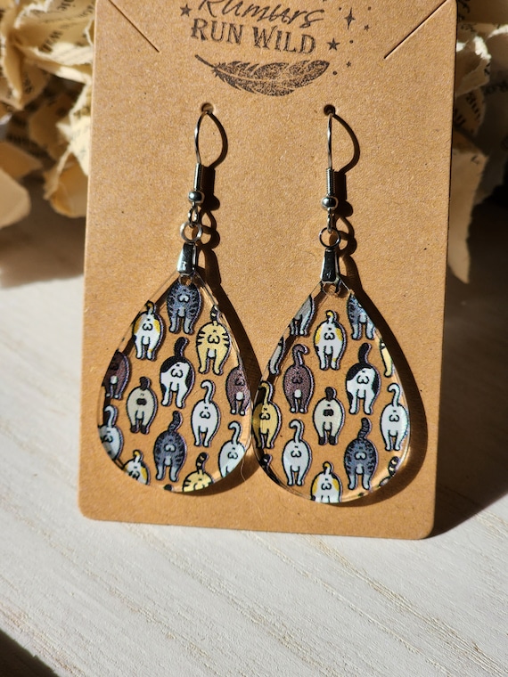 Fun Cat Butt Earrings, simple teardop earrings, cute cat pattern, dangle earrings, Lightweight, gift for her, cat mom gift, crazy cat lady