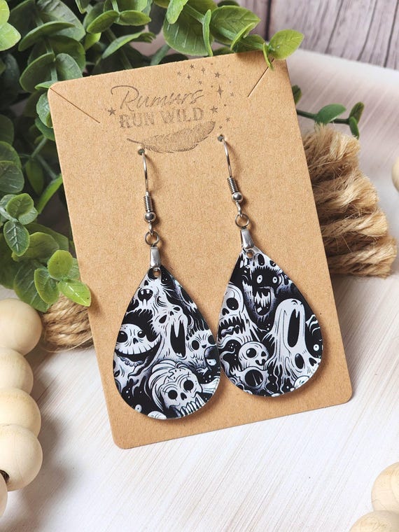 Spooky Ghost Earrings for Her, Fun Halloween Earrings with Flowers for Women, Ghost Jewelry, Fun Fall Earrings, Nickel Free and Lightweight