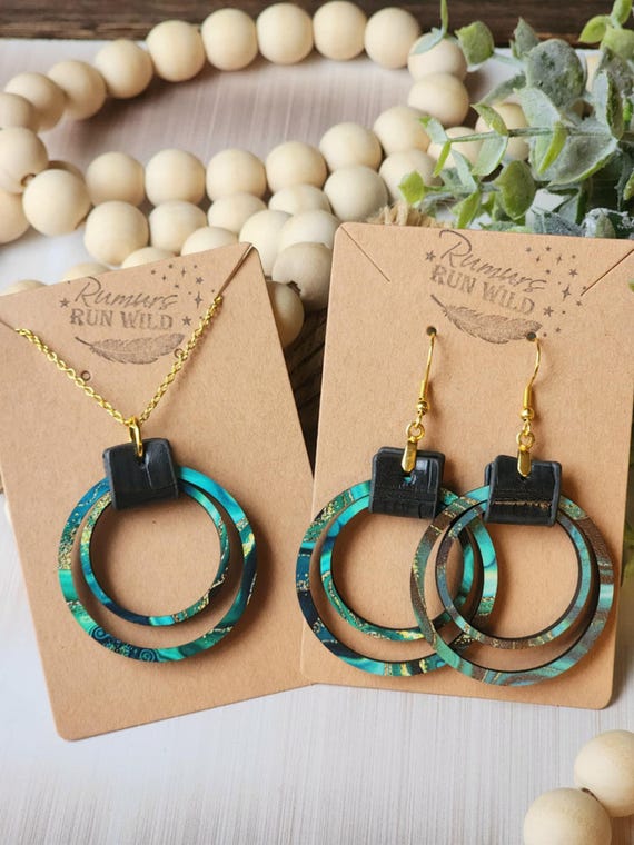 Green and Black Dangle Earrings Set for Women, Faux Leather, Statement Jewlery Gift for Her, Unique Wood Dangle Earrings, Wood and Leather