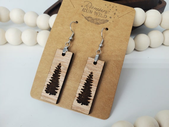 Boho Tree Engraved Wooden Bar Earrings, Earrings for Her, Nature Themed Earrings, Lightweight Dangle Earrings, Stocking Stuffer for Her